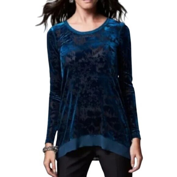 Simply Vera Vera Wang Top Size Large Petite Velvet Burnout Long Sleeve Blue Boho - Picture 1 of 7